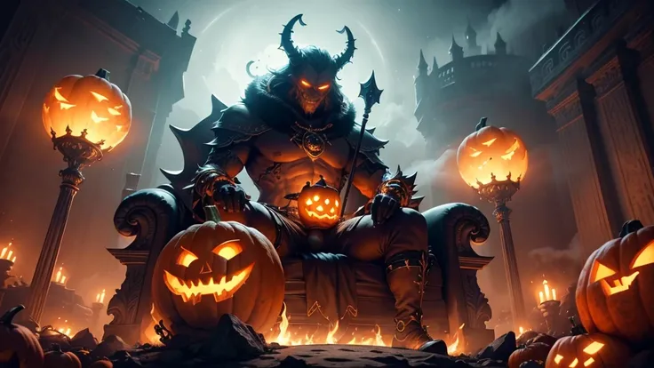 (ultra high quality) (4k) (perfect details) A Monster with a pumpkin head sitting on a throne, he is surrounded by fog and is on top of a fabulous castle, the castle shines like the stars and has an orange color, he has an orange staff that has so much pow...