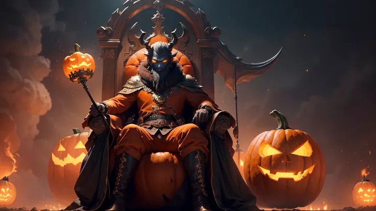 (ultra high quality) (4k) (perfect details) A Monster with a pumpkin head sitting on a throne, he is surrounded by fog and is on top of a fabulous castle, the castle shines like the stars and has an orange color, he has an orange staff that has so much pow...