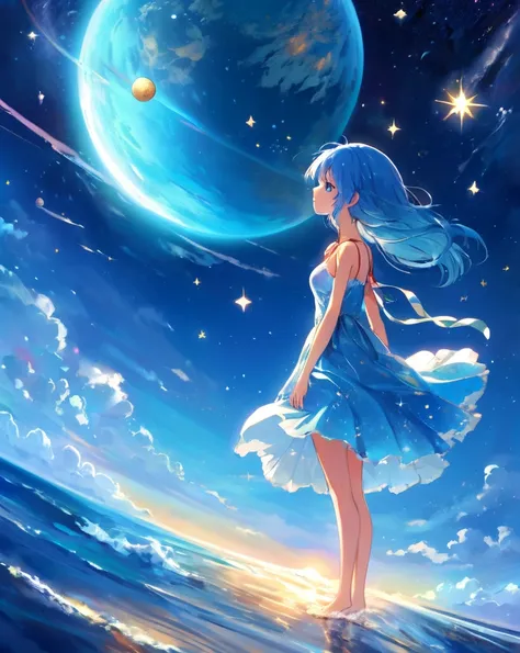 anime artwork 1girl, gorgeous, delicate, blue hair, wearing light blue dress, barefoot, looking up into sky, standing in sea, perfect face, beautiful eyes, sky is galaxy and stars, twilight, shooting meteorites, longing . anime style, key visual, vibrant, ...