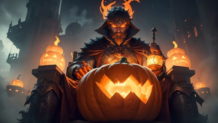 (ultra high quality) (4k) (perfect details) A Monster with a pumpkin head sitting on a throne, he is surrounded by fog and is on top of a fabulous castle, the castle shines like the stars and has a beautiful color, he has an orange staff that has so much p...