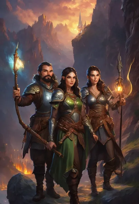 5 Fantasy characters, Group selfie, Loking at camera, Selfie, group portiait, Male Burly dwarf warrior with hammer, Elegant female elven ranger with bow, Young sorceress with staff, Female Rogue with cards, Adventurers smiling, Ominous sky, Eerie light, Da...