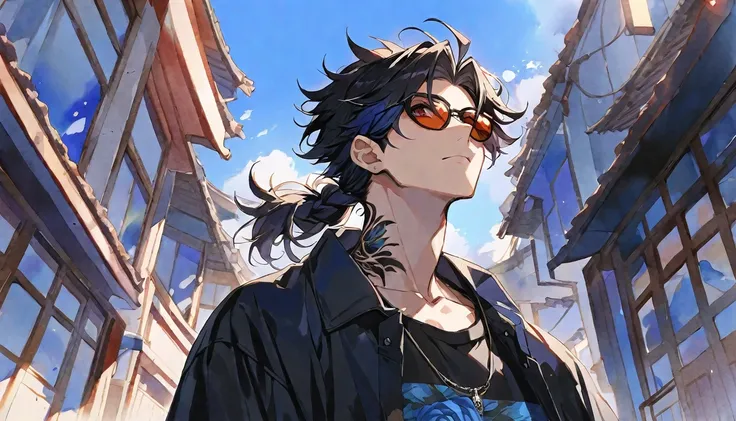 Solo,handsome,watercolor,1 male, Ponytail, Braided black hair, red eyes, Gojo Satoru,casual,Blue Rose Tattoo,black Oversized 服,casual,Stylish,cool,Wear sunglasses around your neck,Void,look up,Blue Sky