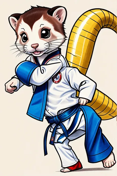 Adorable drawing of ferret dressed in taekwondo uniform, Cartoon style 