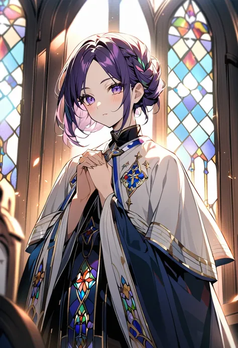 Im in church.
Theres a boy praying in the church

Its a place with beautiful stained glass.
It has an angel painted on it.

angel looks like
hair style is short.
hair color is dark purple.
looks like Russian girl.