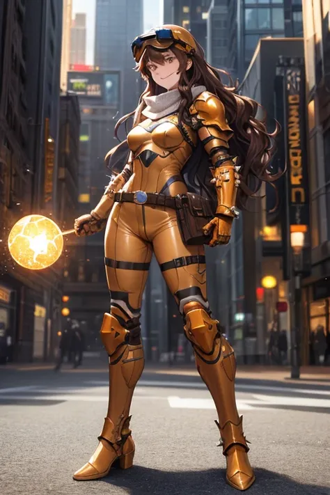 ((best quality)), ((masterpiece)), (detailed), 1 girl, full body, 20s, young adult, brown vintage aviator helmet, spiked helmet, large goggles, evil smile, long white scarf, wavy brown hair with a lock, brown collar, somewhat short, very thin, spikes on fo...