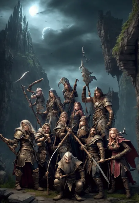 5 Fantasy characters, Group selfie, Loking at camera, Selfie, group portiait, Male Burly dwarf warrior with hammer, Elegant female elven ranger with bow, Young sorceress with staff, Female Rogue with cards, Adventurers smiling, Ominous sky, Eerie light, Da...