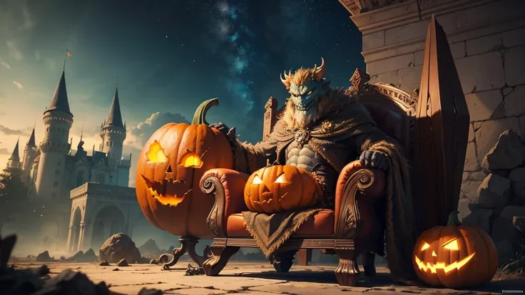 (ultra high quality) (4k) (perfect details) A Monster with a pumpkin head sitting on a throne, he is on top of a fabulous castle, the castle shines like the stars and has a beautiful color, this castle is located in a kind of paradise, a very beautiful pla...