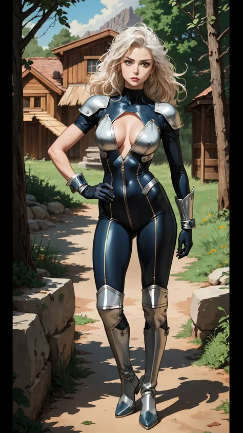 (((full body photo))),A middle-aged beautiful woman, long platinum-blond hair, neatly combed hair, a square face, a serious expression, sharp eyes, tall figure, a dark fantasy-realistic style bodysuit, short sleeve, a silver-white chestplate, gloves with m...