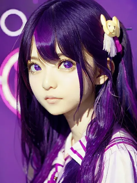 Hoshino Ai, long hair, purple hair, streaked hair ,purple eyes, star-shaped pupils, hair ornament,