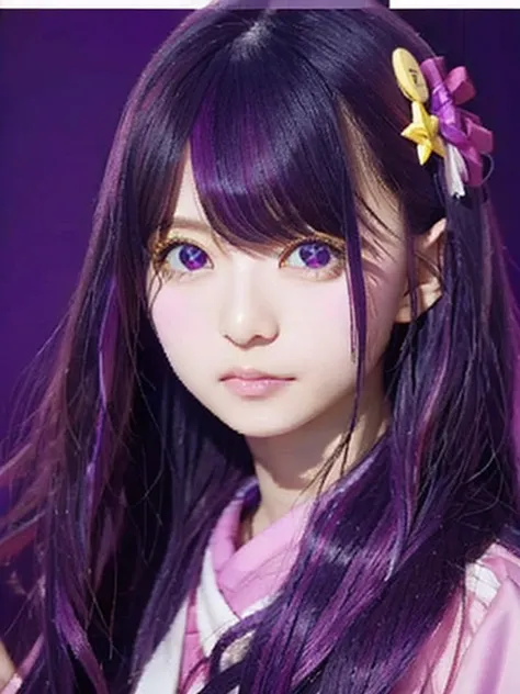 Hoshino Ai, long hair, purple hair, streaked hair ,purple eyes, star-shaped pupils, hair ornament,