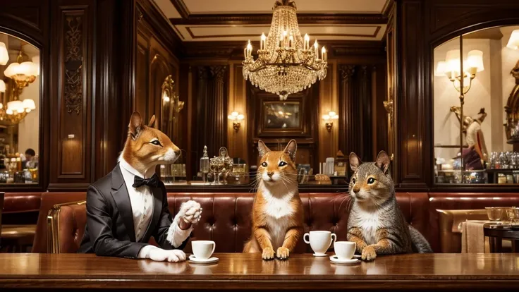 full view of an elegant dog, cat and squirrel drinking coffee and seemingly happy. Ultra-realistic, fractal and detailed. The background is a classy French cafe.