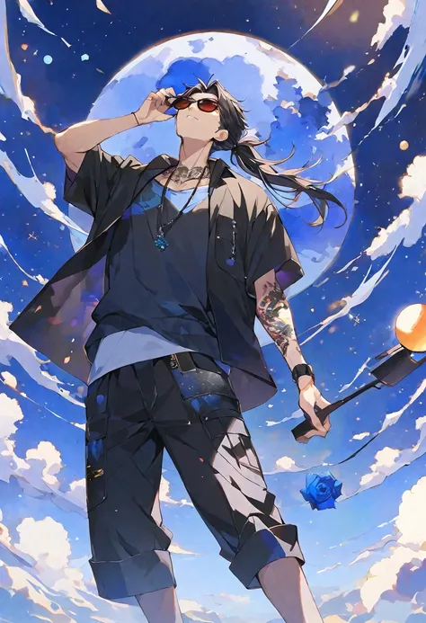 独奏,handsome,watercolor,1 male, Ponytail, Braided black hair, red eyes, Gojo Satoru,casual,Blue Rose Tattoo,black Oversized 服,casual,Stylish,cool,Wear sunglasses around your neck,Void,look up,Blue Sky,Starry Sky,moon