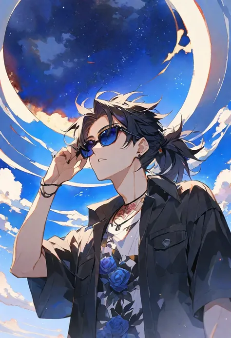 独奏,handsome,watercolor,1 male, Ponytail, Braided black hair, red eyes, Gojo Satoru,casual,Blue Rose Tattoo,black Oversized 服,casual,Stylish,cool,Wear sunglasses around your neck,Void,look up,Blue Sky,Starry Sky,moon