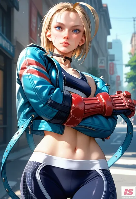 score_9, score_8_up, score_7_up, BREAK, score_9, cammySDXL, 1girl, solo, breasts, short hair, blue eyes, blonde hair, navel, medium breasts, jacket, open clothes, choker, midriff, pants, open jacket, lips, crop top, black choker, scar, abs, antenna hair, b...