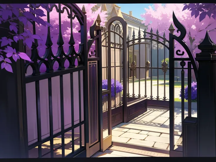 Purple color mansion, gate, bushes, rich, purple, gate gold detais