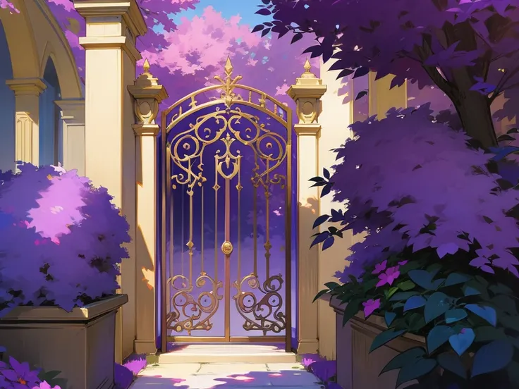 Purple color mansion, gate, bushes, rich, purple, gate gold detais