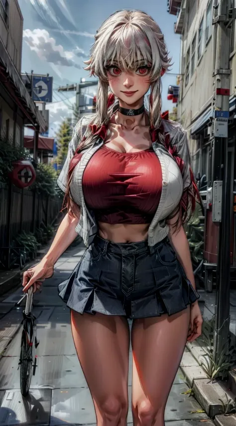 gasai yuno, white cardigan, black shirt, denim skirt, miniskirt, collarbone BREAK red eyes, large breasts, black choker, (head tilt:0.8), smile, arms behind back, outdoors