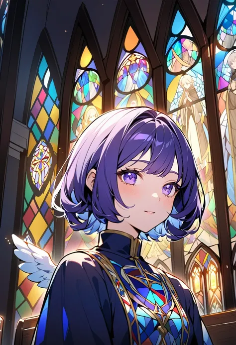 Im in church.
Theres praying in the church

Its a place with beautiful stained glass.
stained glass is more brightly colored.
It has an angel painted on it.

angel looks like
hair style is short.
hair color is dark purple.
looks like Russian girl.

