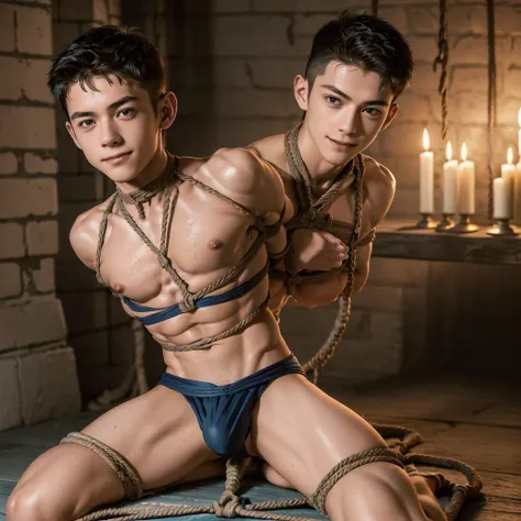  (((19 year old boy, skinny, lean, twink))), smiling (((wearing gym speedos)))  kneeling, ((((Trussed up completely with rope)))), ((((very tight rope crossed over chest)))),(((body in tight shibari ropes))) sweating, wet skin, in a dungeon with candles an...