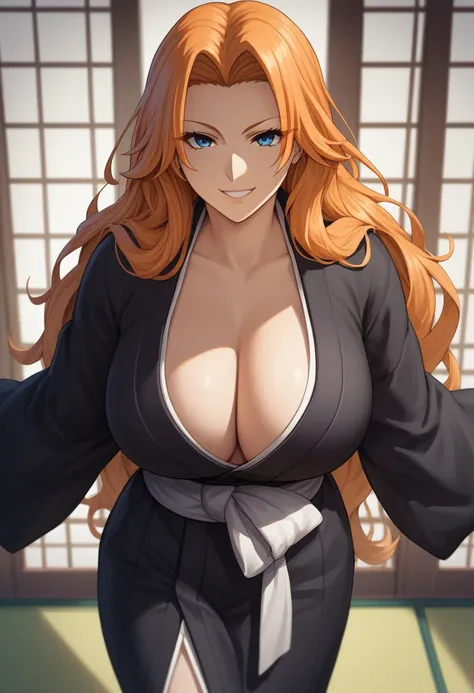 score_8_up, score_7_up, source_anime break, clear face, rangiku matsumoto, orange hair, blue eyes, long hair, large breasts, loo...