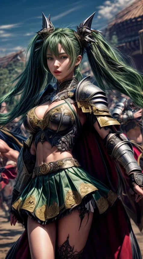 very cute 、No makeup、thin、(((Low length)))、(Detailed face)、Realistic Skin、((Holy Knight)), ((Dark green armor))、((((A black armor with extremely detailed and intricate decoration.:1.1))))、((Delicate photo))，(Girl Astepeace RAW Photo Details:1.25), (Highest...