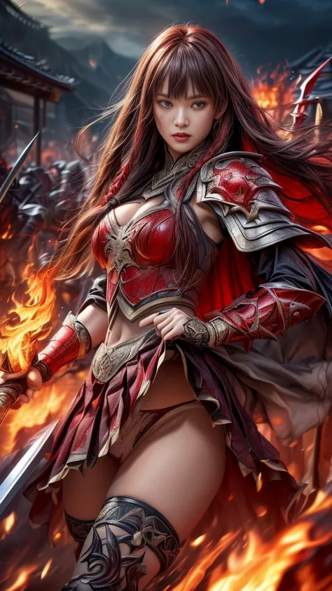 Very beautiful woman、Slender women、(Detailed face)、Realistic Skin、((Knight of Fire)), (((Red Armor:1.25)))、((((A black armor with extremely detailed and intricate decoration.))))、((Delicate photo))，(Girl Astepeace RAW Photo Details:1.25), (Highest quality:...