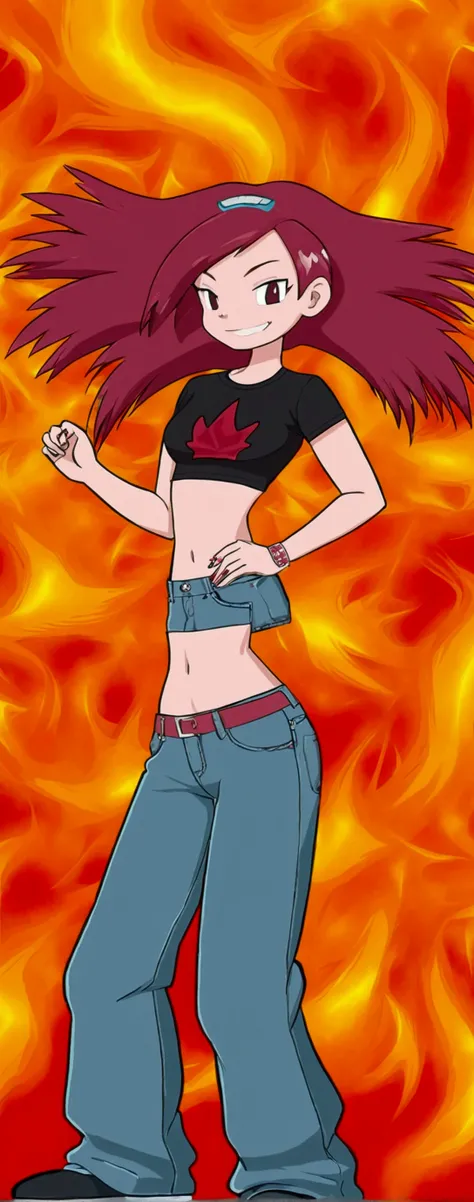 A sexy girl, beautiful action, big breast, dark red hair, cut her eye, pink eyelash, fire red, wears black top, short sleeves, shows navel, sexy curve, and a pair of denim pants, brown shoes. 