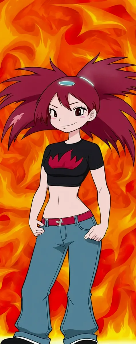 A sexy girl, beautiful action, big breast, dark red hair, cut her eye, pink eyelash, fire red, wears black top, short sleeves, shows navel, sexy curve, and a pair of denim pants, brown shoes. 