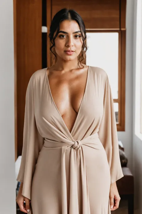 RAW photo,candid photograph, full body,photo of a beautiful,influencer,30yo Kurdish woman,wearing a beige Kaftan, detailed skin,pubes,naked, looking at viewer, thick body structure,white background,no background, candid pose,blue light, film grain, kodak c...