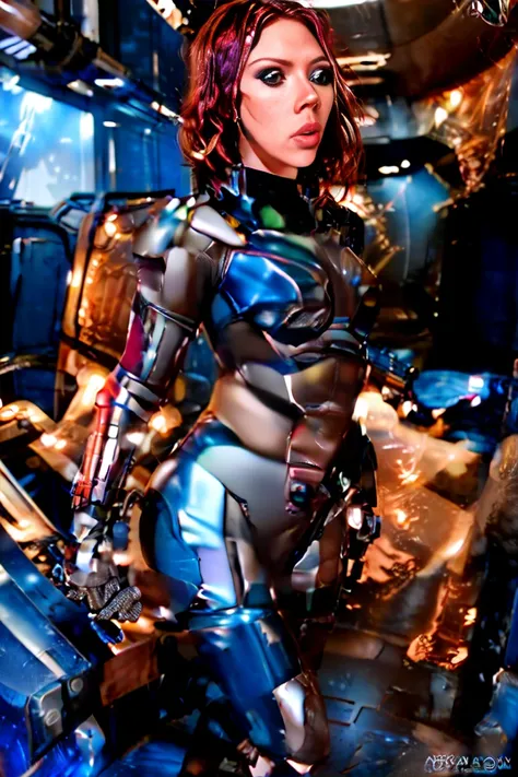 ((best quality)), ((masterpiece)), ((Scarlett Johansson)) (detailed), perfect face, playful 20 year old woman, Sensual pose. Inside a spaceship, wearing highly detailed futuristic skimpy mass effect armor, grandes senos, cintura pequeña, grandes caderas, d...