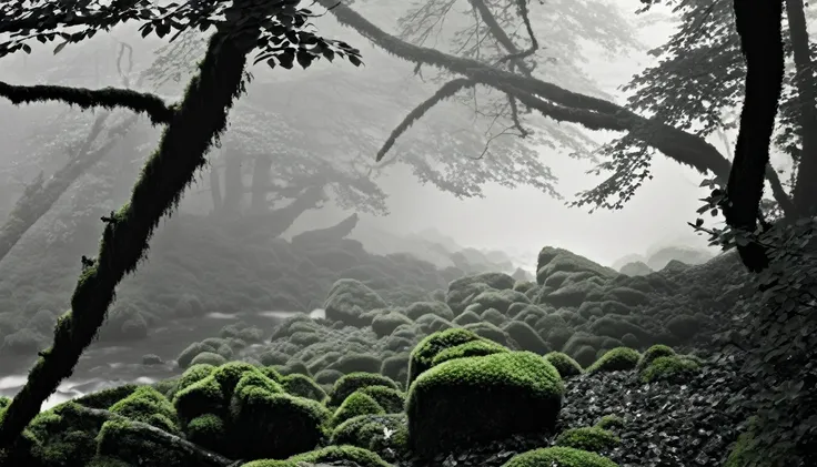 An enchanting forest, lush foliage, moss-covered rocks, film
camera, prime lens, misty morning, ethereal atmosphere, black and white
film. 