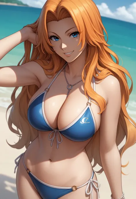 score_8_up, score_7_up, source_anime break, clear face, rangiku matsumoto, orange hair, blue eyes, long hair, large breasts, loo...