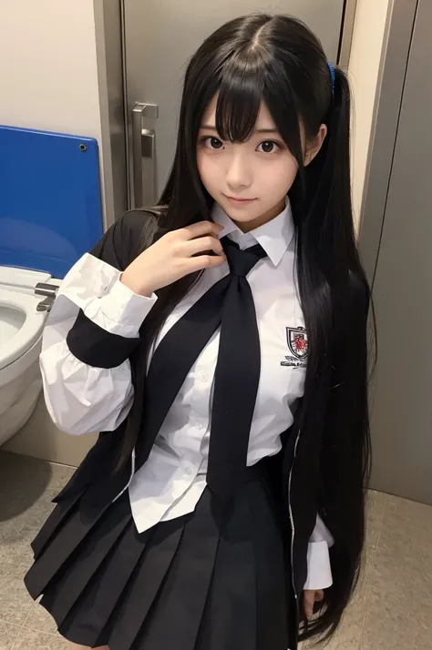 long_hair, multiple_girls, skirt, black_hair, 2girls, school_uniform, cosplay, photo_(medium), toilet, cosplay_photo