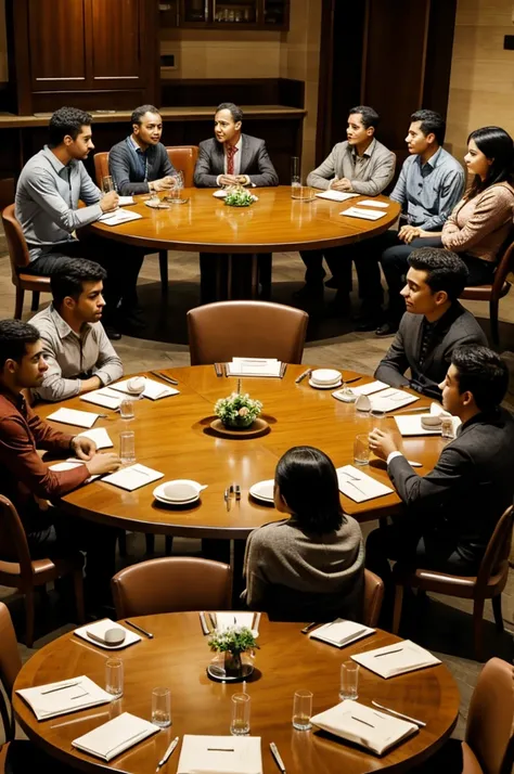 7 people talking at a table 