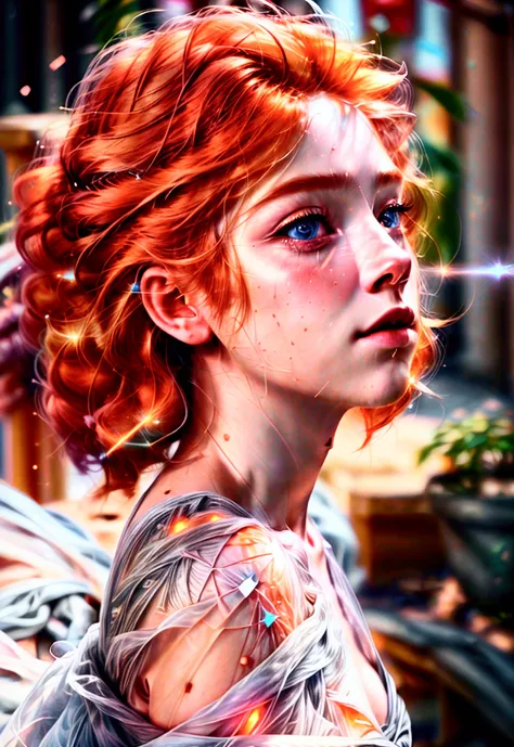 girl of light, (gem_particle, outline: 1.2), light_line, light, light particle, (girl made of lines of light: 1.3, wearing lines of light), density of lines, (flaming orange blonde hair_messy thick waves, line of light), (best quality,4k,8k,highres,masterp...