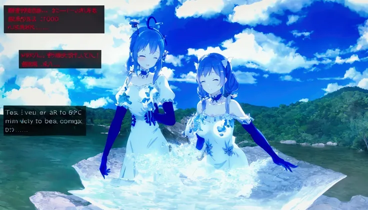 Anime screenshot of two girls in white dresses standing in a field, Happy!!!, 4K], 4k yen ], Blue skinned, Water Spirit, Pixiv 3DCG, Lively landscapes, [ floating ]!!, PC Screenshots, Twin tails white_gloves, full_body!!, Vr Chat, 8K!!, クラゲの巫女 8K