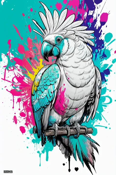 A gophin cockatoo bird depicted in Pop Art style by the skilled hand of Carne Griffiths, high resolution and carefully detailed, with vibrant colors that pop, centered in the frame for a bold and striking presentation.