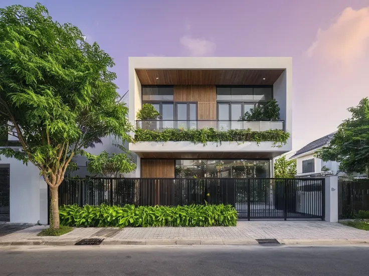 modern purple townhouse on street, (sunset), tropical tree, purple vivid colour, streetcapes, purple tone, white wall, large gla...