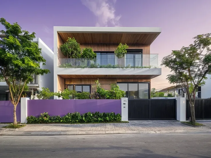 modern purple townhouse on street, (sunset), tropical tree, purple vivid colour, streetcapes, purple tone, white wall, large gla...