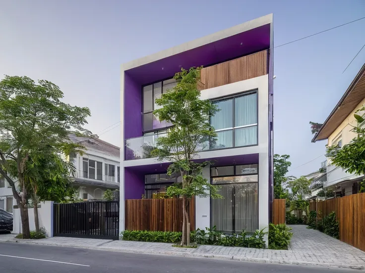 modern purple townhouse on street, (sunset), tropical tree, purple vivid colour, streetcapes, purple tone, white wall, large gla...