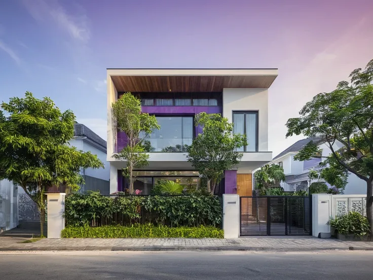 modern purple townhouse on street, (sunset), tropical tree, purple vivid colour, streetcapes, purple tone, white wall, large gla...