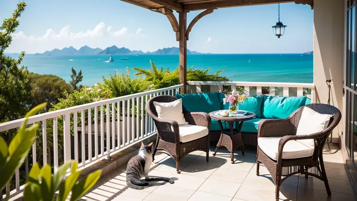 coastal、Woman spending time with cat on terrace、A pleasant breeze blows、chairs and tables、Daytime、