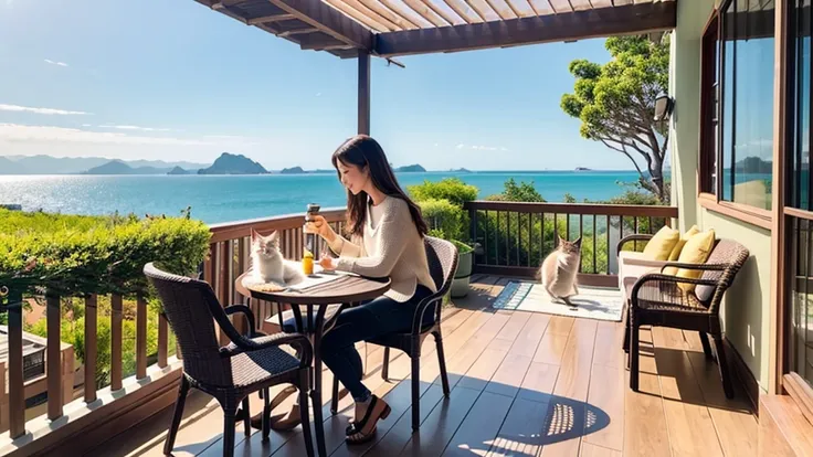 coastal、Woman spending time with cat on terrace、A pleasant breeze blows、chairs and tables、Daytime、