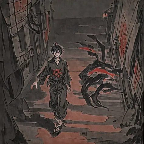 Furry boy with velvet red short hair, hes half lycaon and half human, wear black loosed shirt and black baggy pants, hes walking around the dark streets of Japan in middle of the night. {Good anatomy, Interesting pose, beautiful colors, good quality, anime...