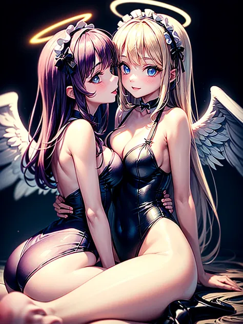 Highest quality,Highest Resolution,(((A beautiful girl with blue eyes and blonde hair in a maid leotard and white angel wings on her back)))and(((A beautiful girl with red eyes, purple hair, and black angel wings on her back in a gothic lolita leotard)))Th...