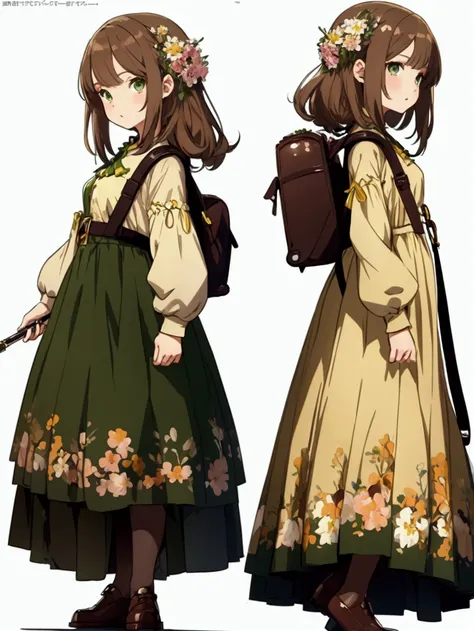 (((masterpiece)))(character design sheet, same character, front, full length, side view) 1 girl, anime girl, woman, green eyes, pale yellow dress, dress with flowers, brown hair, shoulder length hair, bangs, brown shoes, small leather backpack, flute, (on ...