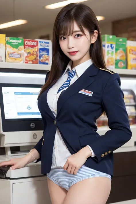 Convenience store clerk cashier , Highest quality, shape, Very detailed, In detail, High resolution, 8k wallpaper, Perfect dynamic composition, Beautiful details,  Natural Lip, Blue and white striped uniform panty shot , Big Breasts, Lawson&#39;s uniform i...