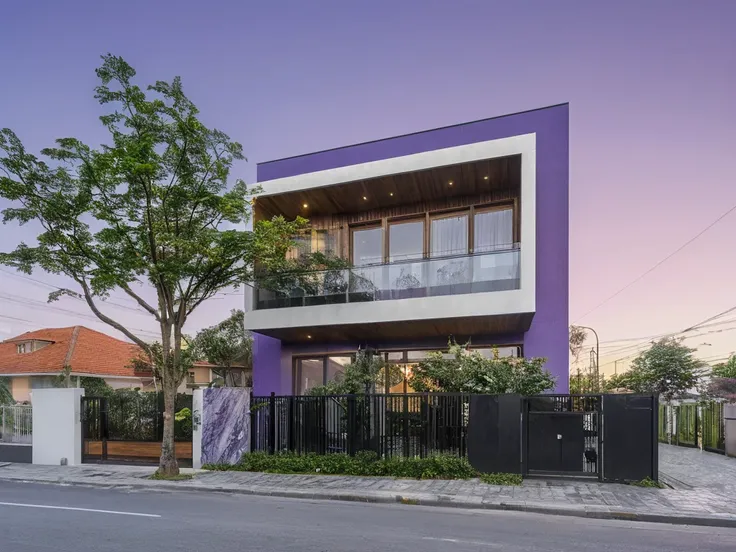 modern purple townhouse on street, (sunset), tropical tree, purple vivid colour, streetcapes, purple tone, purple wall, large gl...