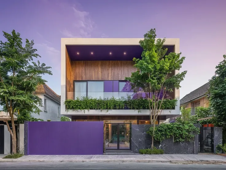 modern purple townhouse on street, (sunset), tropical tree, purple vivid colour, streetcapes, purple tone, purple wall, large glass door, (warm interior lighting:1.2), wood and marble, best quality, puple color walls and detals, 18ArchiAI_VL-v1