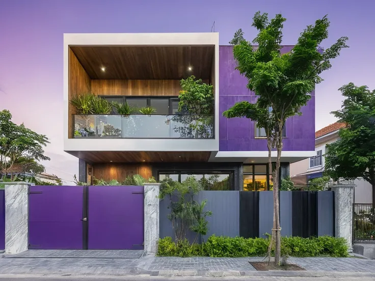 modern purple townhouse on street, (sunset), tropical tree, purple vivid colour, streetcapes, purple tone, purple wall, large gl...